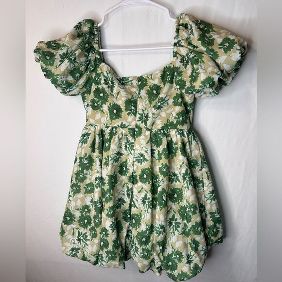 PrettyLittleThing Petite Green Yellow White Floral Puff Mini Dress. Size 0 - Picture 5 of 17